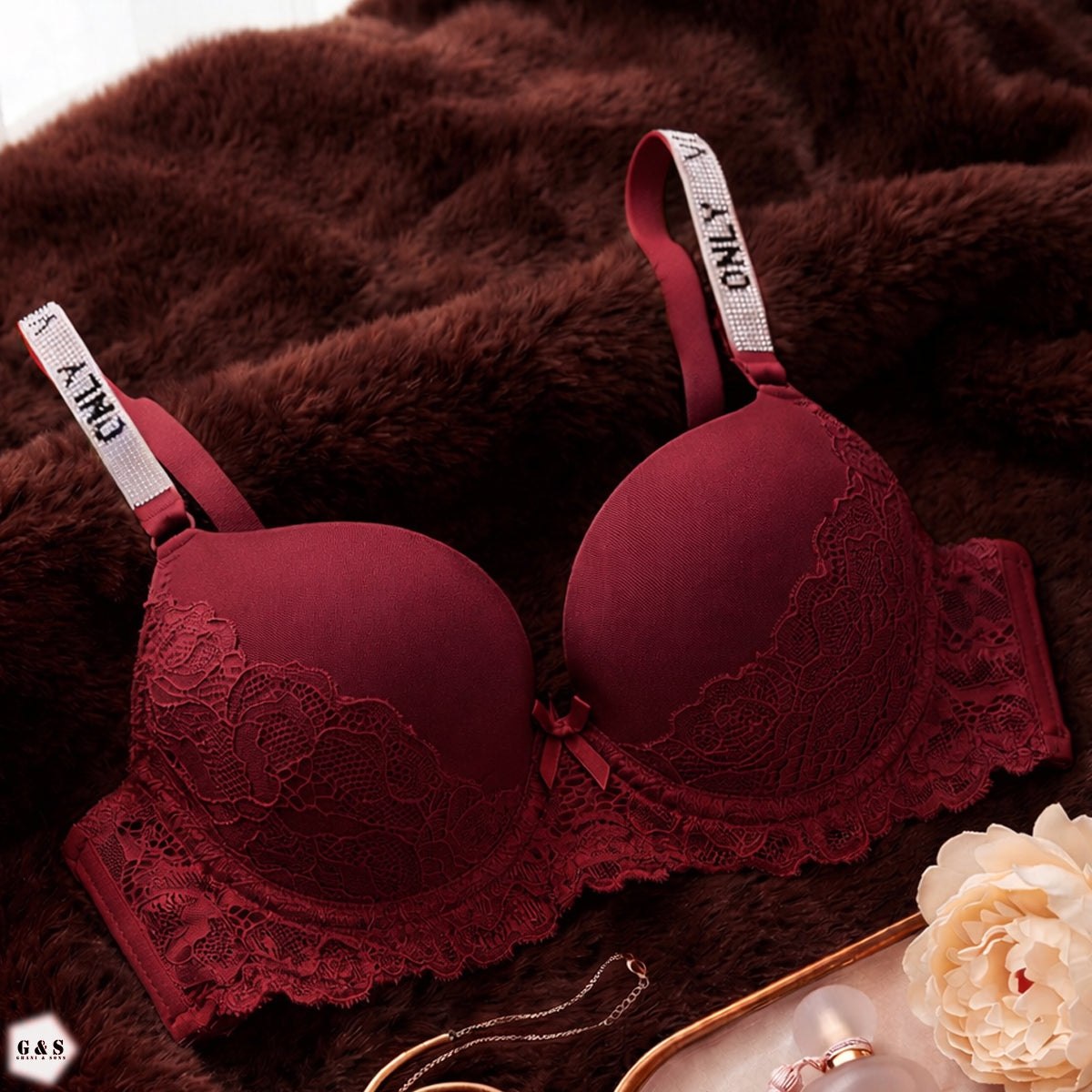 Pack Of 3 Fancy Wired Stones Design Lace Pushup Bras