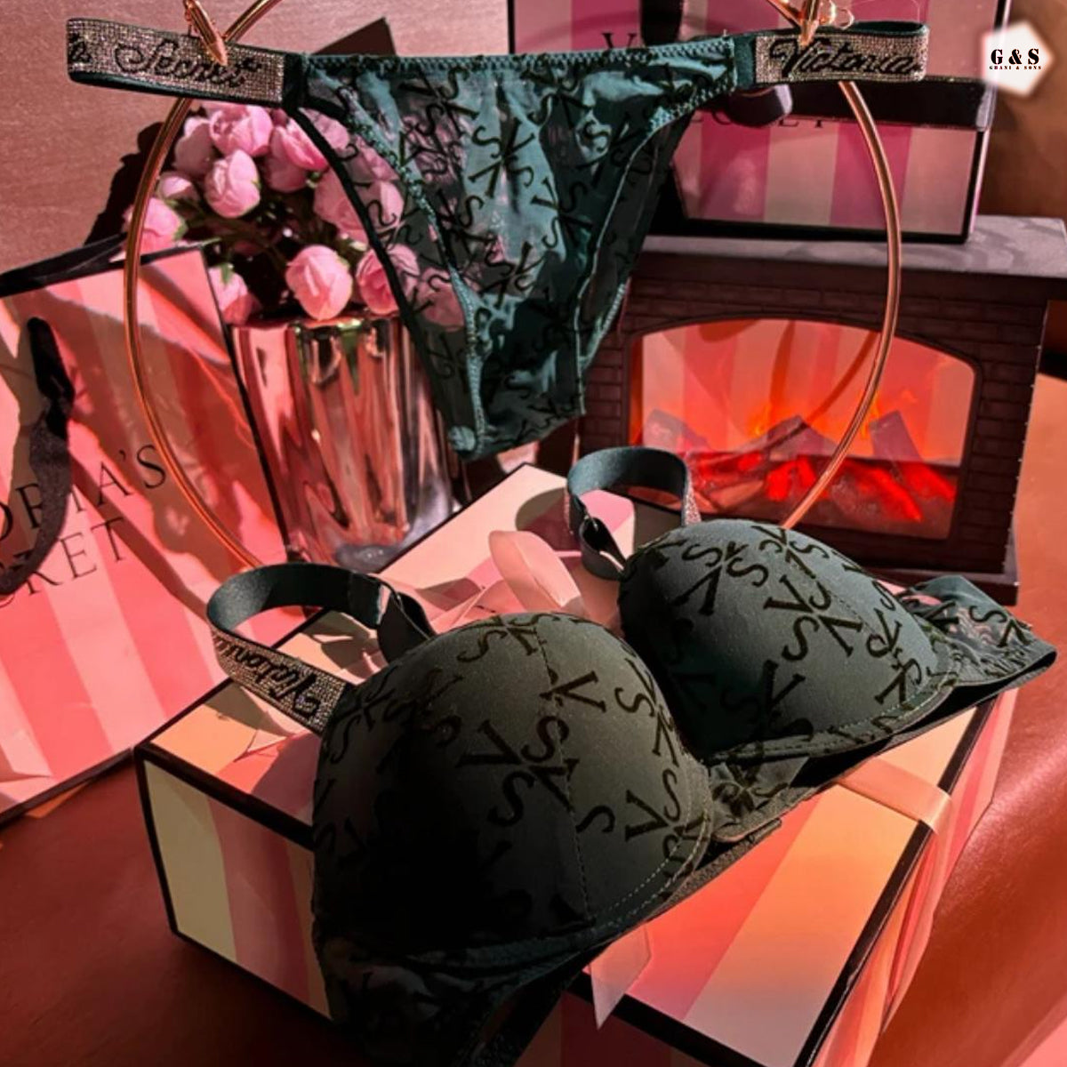 Stones Design Deep Green Color Pushup Bra With T-Panty Set