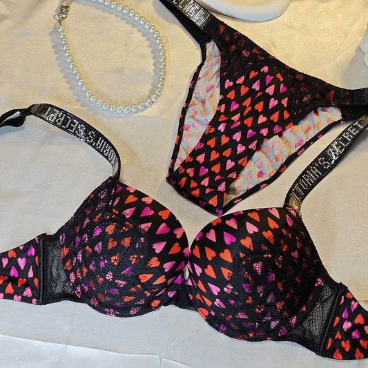 Black Stones Design Heart Printed Pushup Bra With T-Panty Set